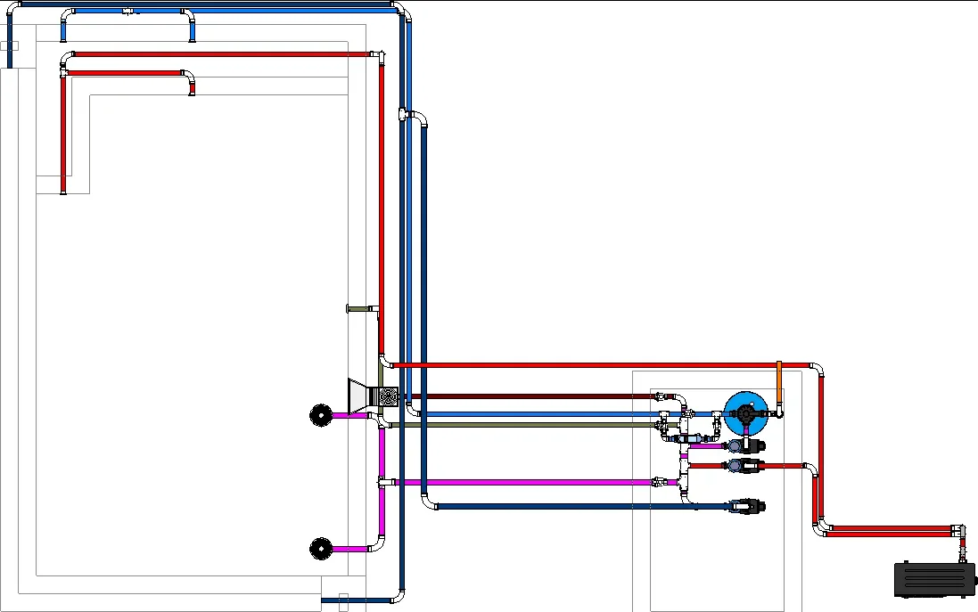 Vista técnica de projeto hidráulico de piscina com redes e equipamentos